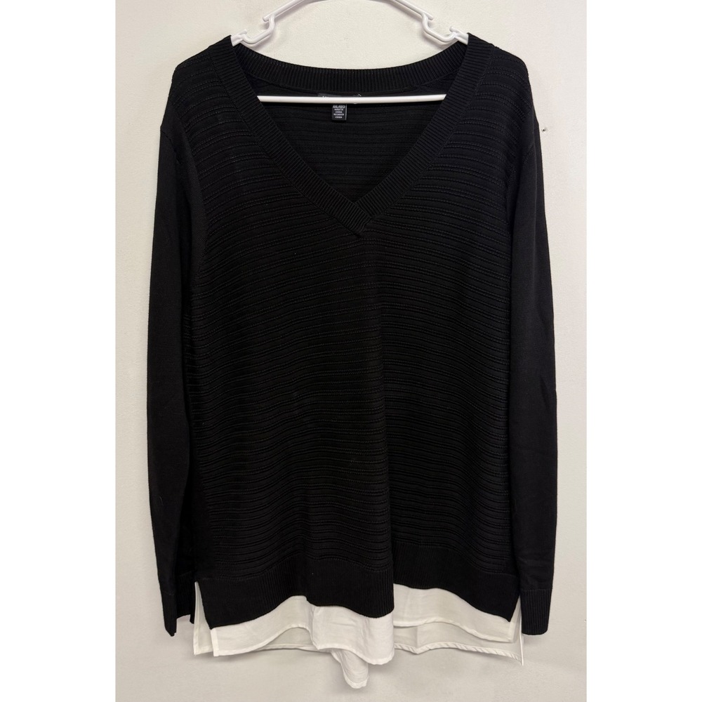 Hilary Radley Black V-Neck Layered Look Sweater XXL Ribbed Knit Top White Trim